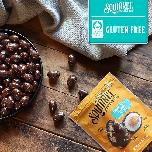Image of Squirrel Brand Dark Chocolate & Coconut Almonds, 3.5 Ounces, Resealable Bag, Gluten Free, Kosher, Snacks for Adults and Kids, California Almonds, Fair Trade Certified Cocoa (Pack of 4)