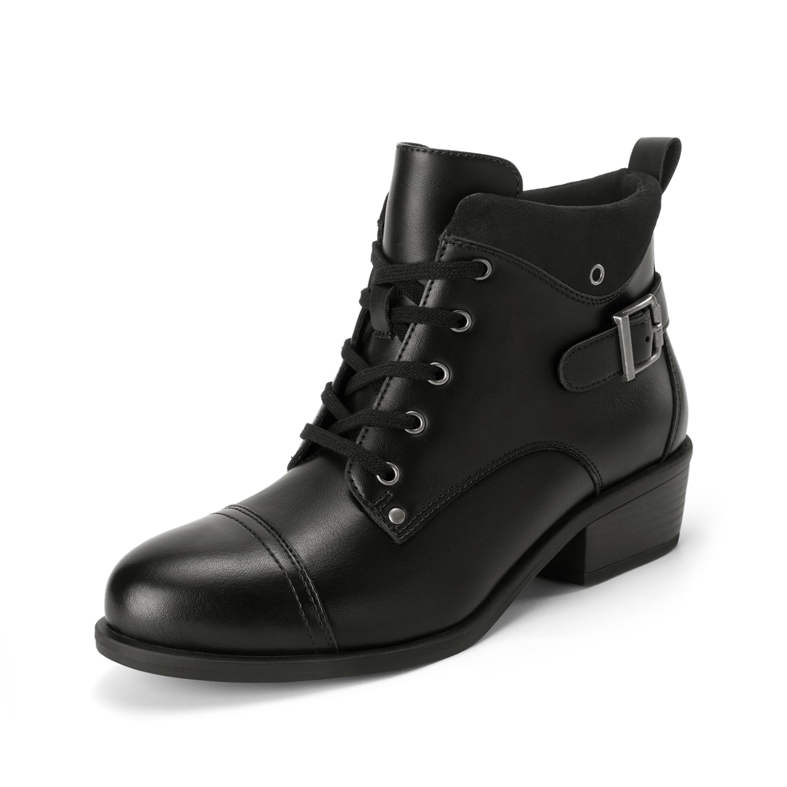 Athlefit Womens Short Ankle Boots Chunky Low Heel Round Toe Boots Comfortable Lace Up Booties with Side Zipper