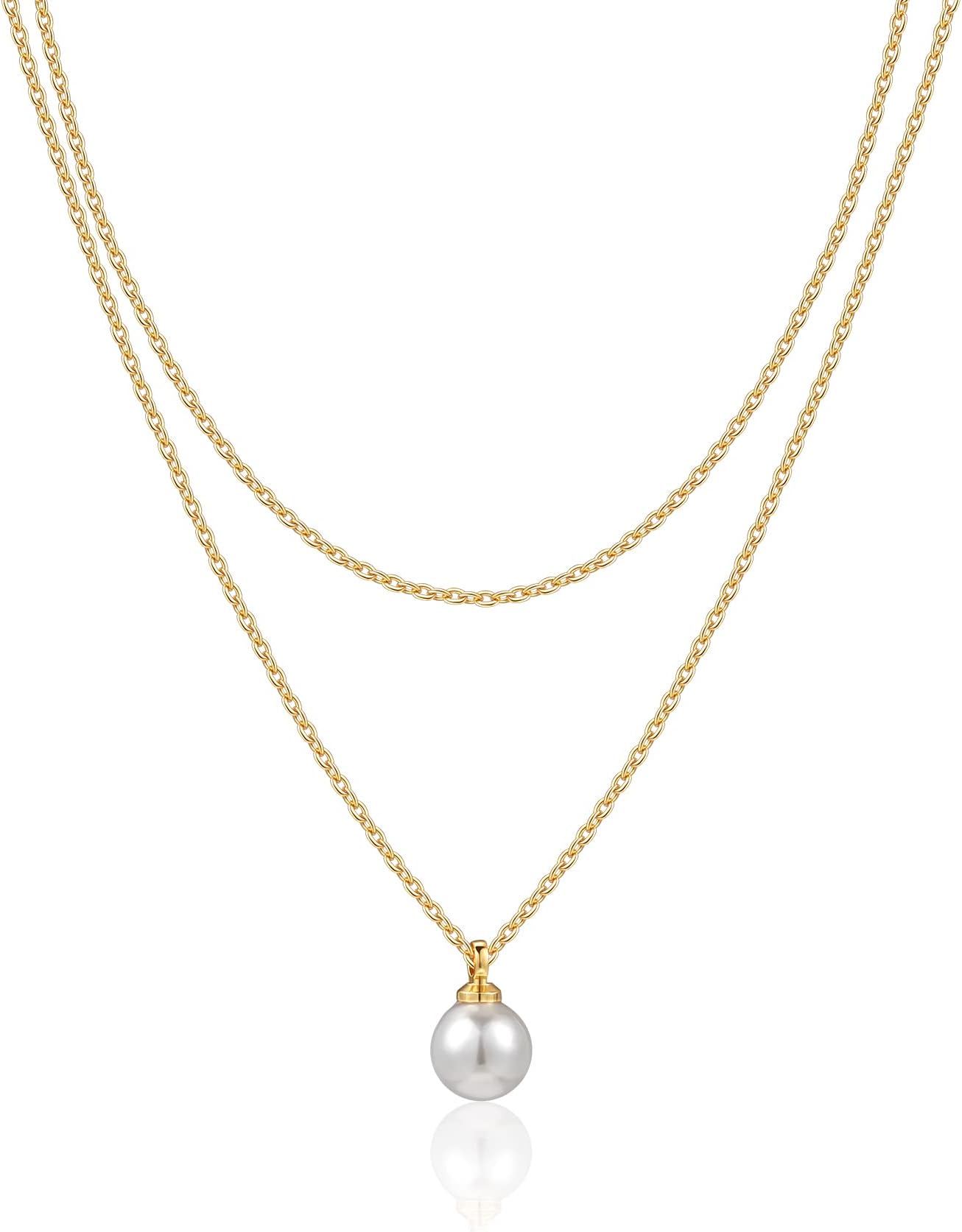 InzheG6mm Gold Single Pearl Layered Necklace Choker 18K Gold Plated Handmade Trendy Dainty Statement Gold Pendant Necklace Summer Beach Necklaces Jewelry for Women Girls