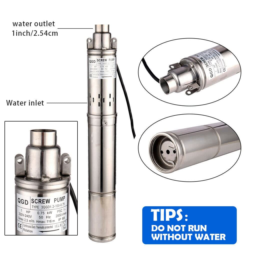 1.1Kw 1.5HP Pompa Immersione a Vite in Acciaio Inox Portata massima 2000 l/h Altezza massima di trasporto 110m Uscita 1" Diametro 3,5" con cavo da 49,2 piedi per l'irrigazione dell'agricoltura