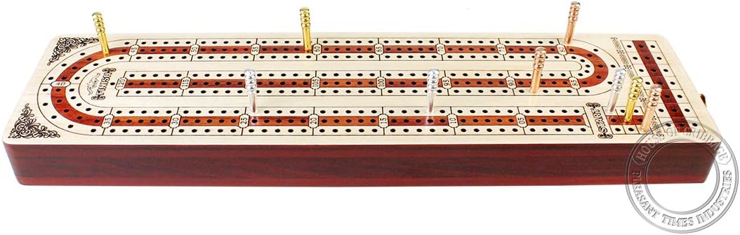 Continuous Cribbage Board Alphabet e Shape Inlaid in Maple and Bloodwood with Storage Drawer for Cribbage pegs 12.4" - 3 Tracks - House of Cribbage