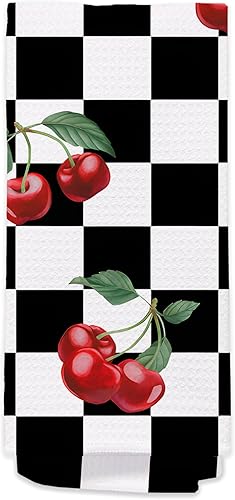 Toallas de mano de cereza para cocina y baño  Toallas de té decorativas retro a cuadros en blanco y negro, accesorios de decoración de cocina de