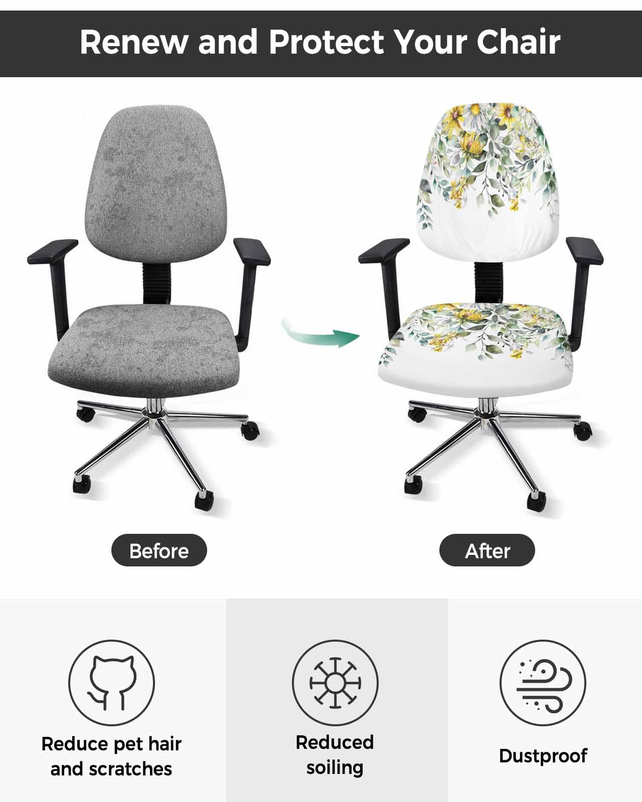 Flowers Eucalyptus 2 Pieces Computer Office Chair Covers Set,Stretchable Desk Rotating Chair Seat Cushion Slipcover Back Covers,Rustic Botanical Daisy Leaves Floral Slipcover Back Cover Protector