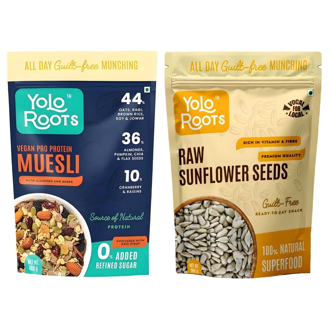 Yolo Roots Vegan Pro Protein Muesli 400g + Sunflower Seeds 200g Combo | 16g Protein, Multigrain Fruit Nut Muesli, No Added Sugar, Gluten Free Breakfast Cereal & Healthy Seed Snack (Pack of 2)