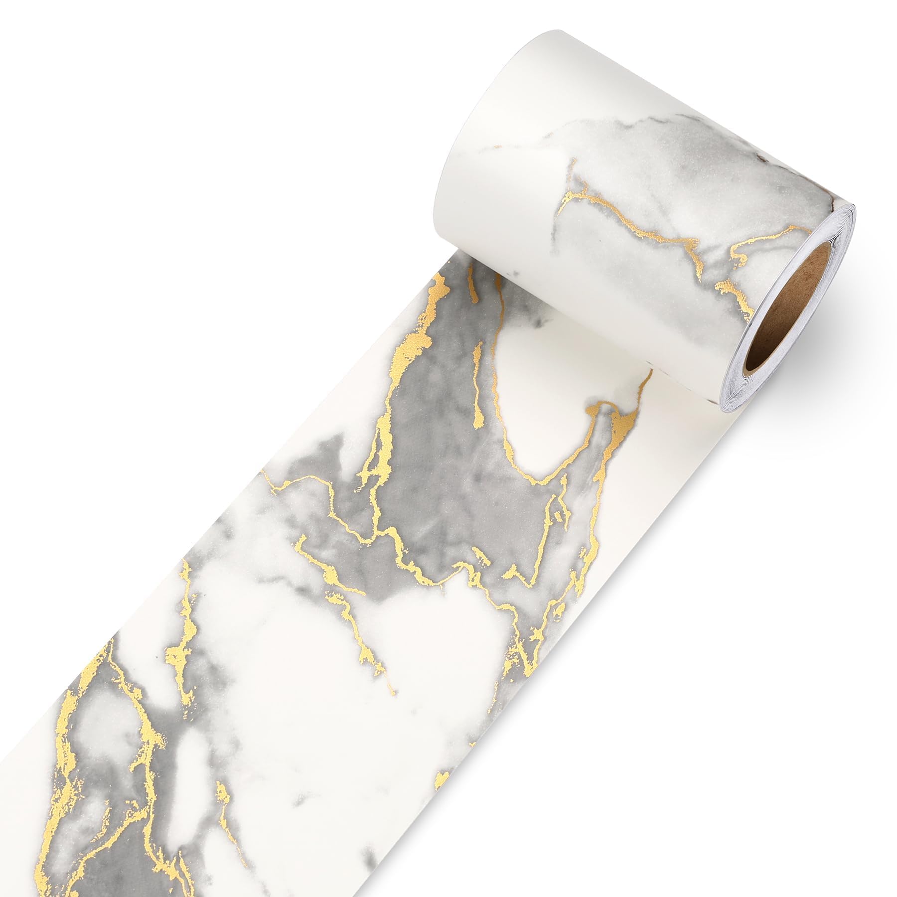 Decotalk Bordo Adesivo per Mobili Bianco e Oro Effetto Marmo 7.6X600cm Bordi Adesivi per Pareti Carta da Parati Autoadesiva Muro Bianca Nastro Adesivo Decorativa Bordo Specchio Linee Murali Rimovibile