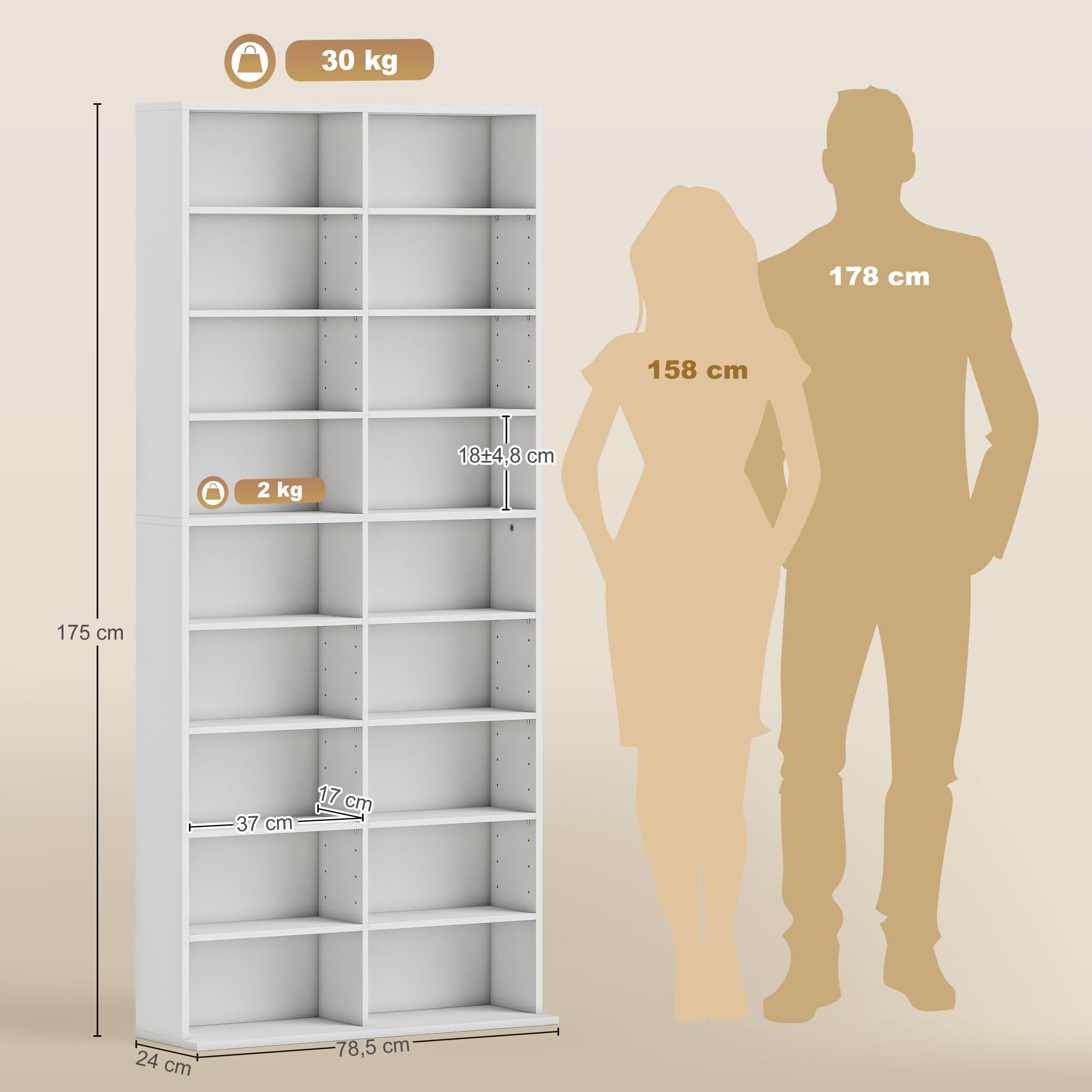 HOMCOM CD- und DVD-Aufbewahrung, Multimedia-Möbel, max. Kapazität 640 CDs/360 DVDs und 430 Blu-ray, 18 Fächer 14 verstellbare Regalböden, für Wohnzimmer, Schlafzimmer, 78,5x24x175cm, weiß
