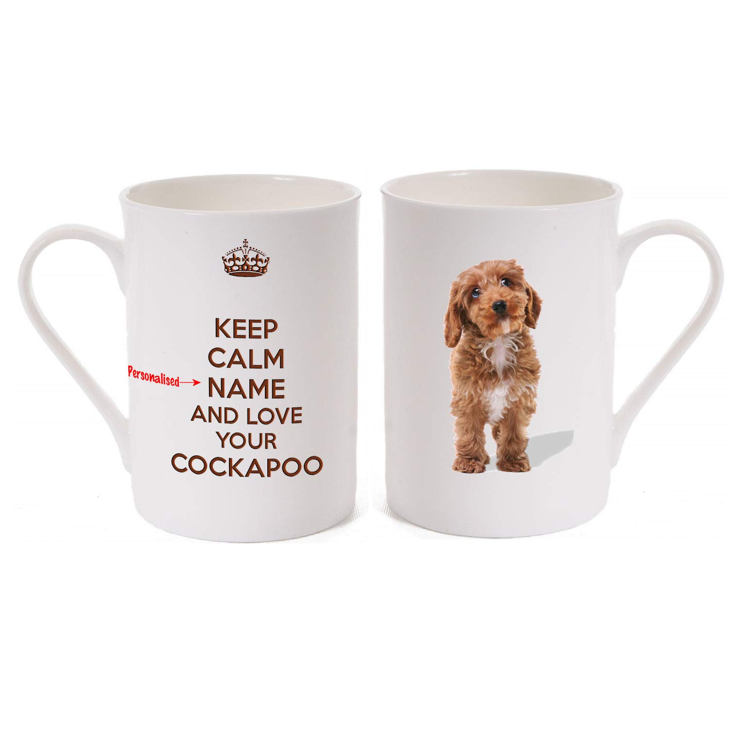 Keep Calm “Name” and Love Your Cockapoo. Personalised Porcelain Mug Printed on an Image of a Brown Cockapoo Puppy Dog. A Unique Birthday Gift idea for a Dog Lover!