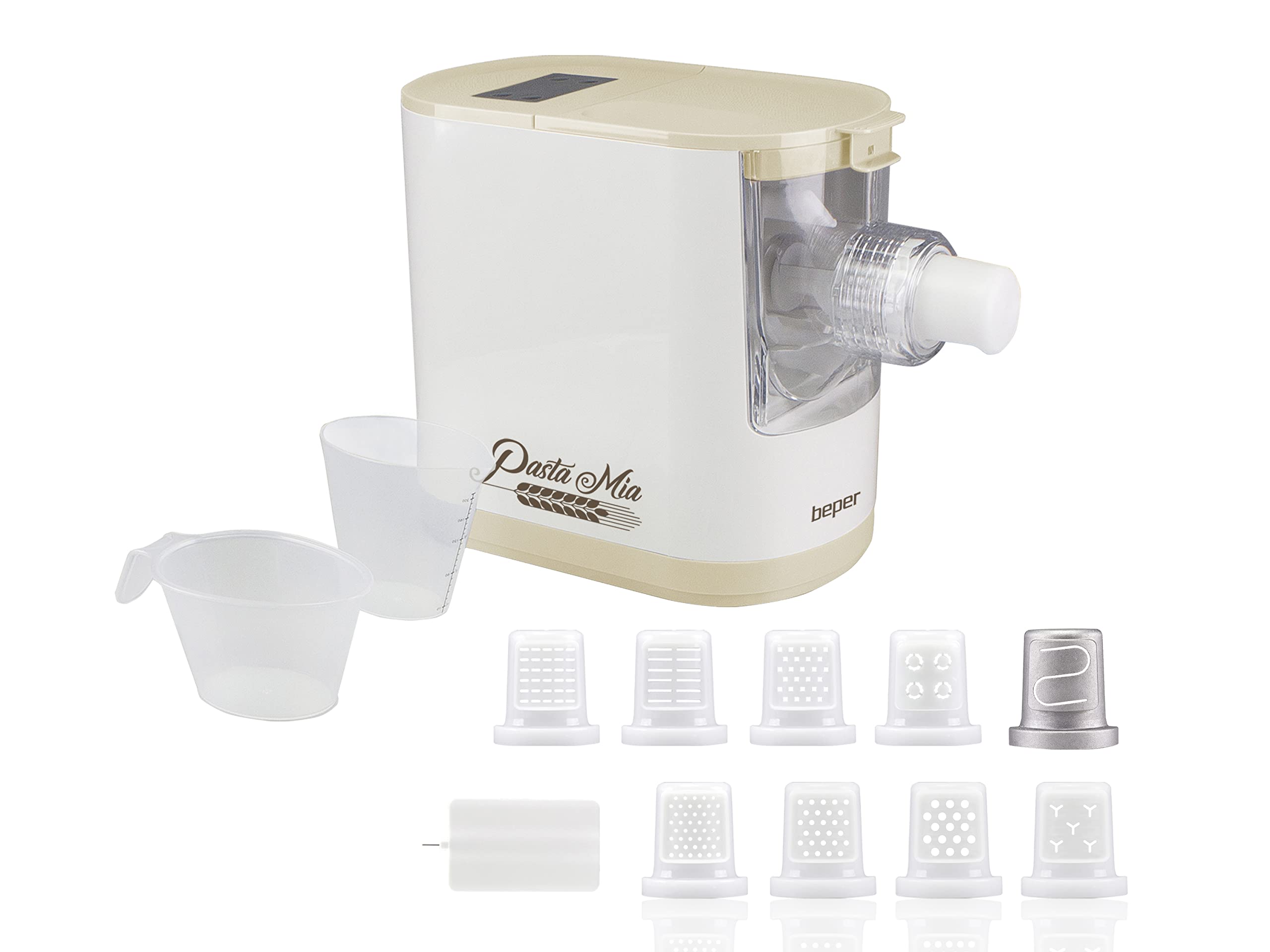 BEPER P102SBA500 Machine automatique pour pâtes fraîches, Machine à pâtes, 200W, 320 g de farine, 8 matrices de différentes tailles,Comprend une tasse à mesurer et une spatule