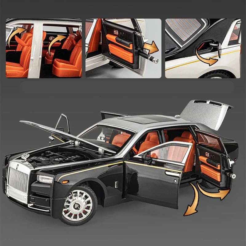 Image of Kids Model 1:24 Rolls-Royce Phantom Die Cast Metal Car Pull Back Action Opening Doors with Realistic Engine Sound Lights Toy Car Gift for Boys - Silver