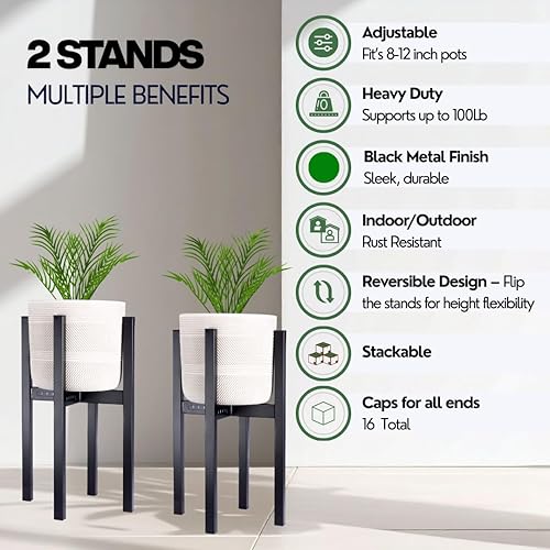 Miniatura 8 de iSpaces - Juego de 2 soportes de metal ajustables de 2 niveles, soporte para plantas negro resistente para interiores y exteriores, soporte