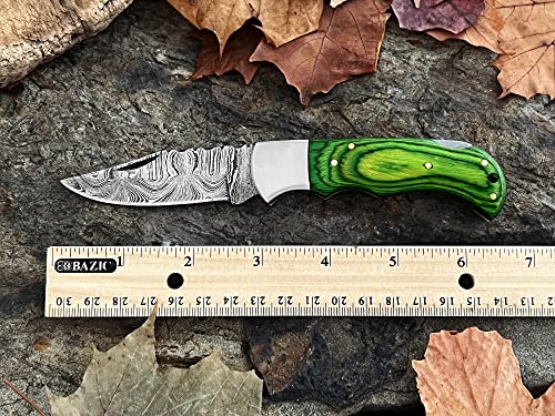 Damascus Steel Pocket Folding Knife Handmade Premium Quality Knives 6.5'' Small Pocket Knife For Outdoor, Camping, Hiking Back Lock Blade Made Of Authentic Damascus Steel (Personalized Green) #TOP5