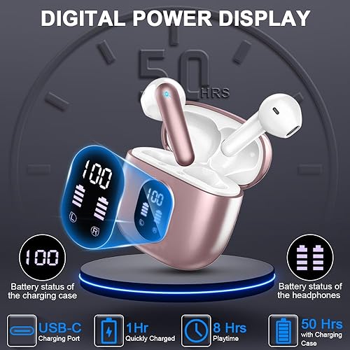 Miniatura 5 de Auriculares inalámbricos Bluetooth 5.3 50 horas de reproducción, auriculares estéreo con graves estéreo con 4 micrófonos ENC, pantalla LED,