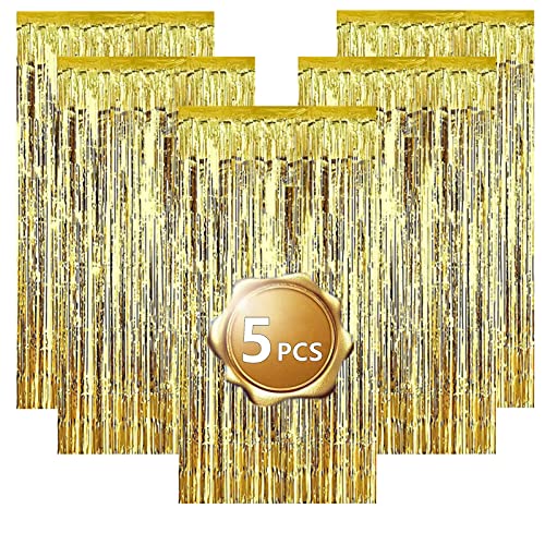 Eowppue 5 Pieces Rideau Métallique De Frange Rideaux à Franges Or Tinsel Rideaux pour Déco Noce Anniversaire Noël （1 * 2 M / 3.28 * 6.56 Ft）