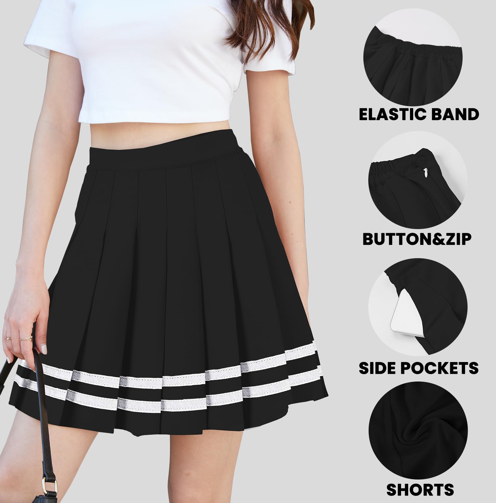 SANGTREE Women's Pleated Mini Skirt with Comfy Casual Stretchy Band Skater Skirt, US XS - US 4XL