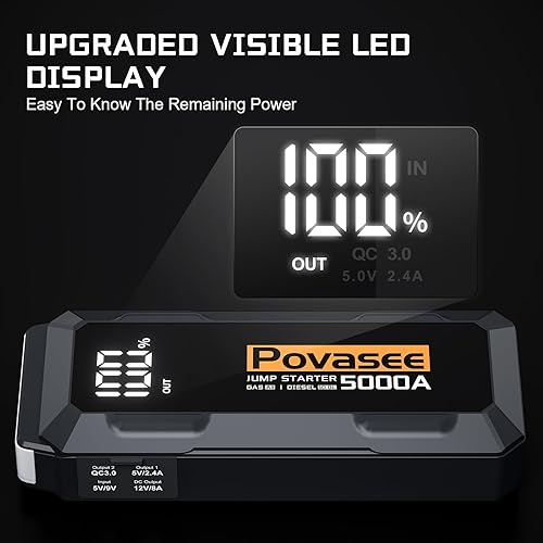 Miniatura 5 de Povasee Arrancador de batería de coche 5000A (todo gasolina10L diesel) portátil para arrancar el coche, 12 V, pantalla LCD portátil de 3