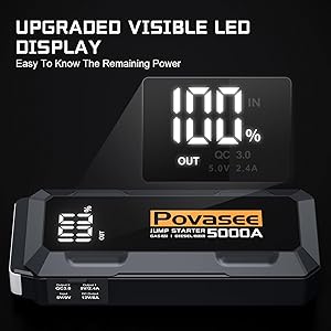 5000A Jump Starter Povasee A40 Car BatteryJump Starter, 12V Jump Box for Car Up to All Gas or 10L Diesel Engine Battery Jumper Starter Portable with 3" LCD Display Power Bank/Dual Output/LED Light