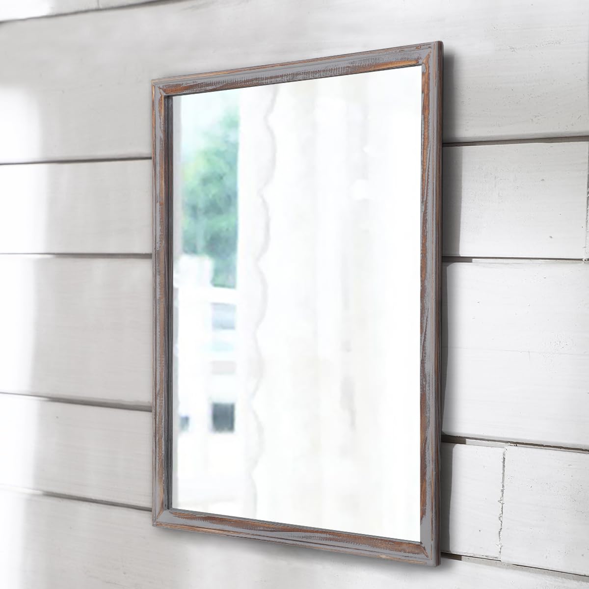 AAZZKANG Wood Framed Large 65x45cm Rectangular Rustic Wall Mirror - Farmhouse Decorative Hanging for Bathroom, Living Room, Bedroom