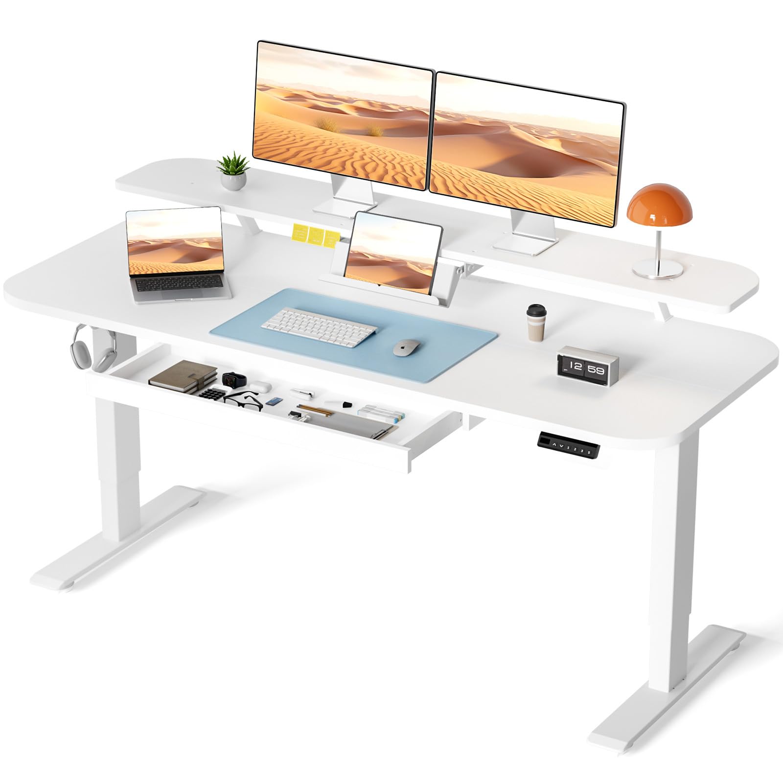 COMHOMA Electric Standing Desk with Drawers, 55 x 24 Inch Sit Stand up Desk with Monitor Stand, Laptop Stand, Height Adjustable Ergonomic Home Office Computer Desks with Memory Preset Controller