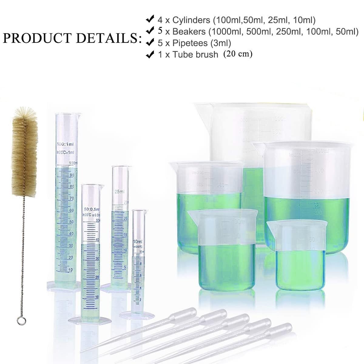 15-teiliges Set aus Plastik-Messzylindern und Bechergläsern mit Pipetten und Bürste - Präzise Flüssigkeitsmessung für Labor und Küche
