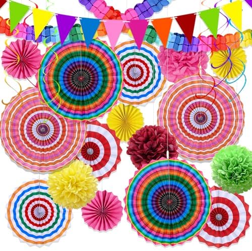 Fiesta Lot De 24 éventails Colorés En Papier Creux, Pompons En Papier De Soie, Boules En