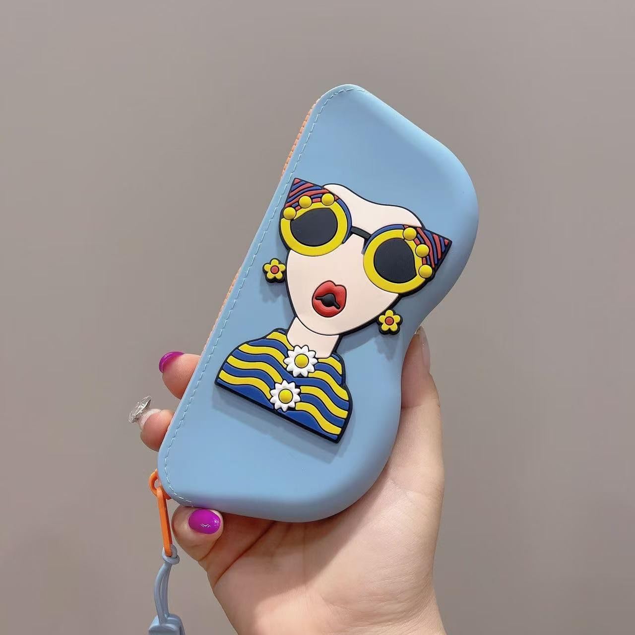 Cute Silicone Sunglasses Case Cartoon Lady Eyeglass Pouch with Zipper Wrist Strap Soft Protective Glasses Holder Waterproof Shockproof Storage Bag-image-47