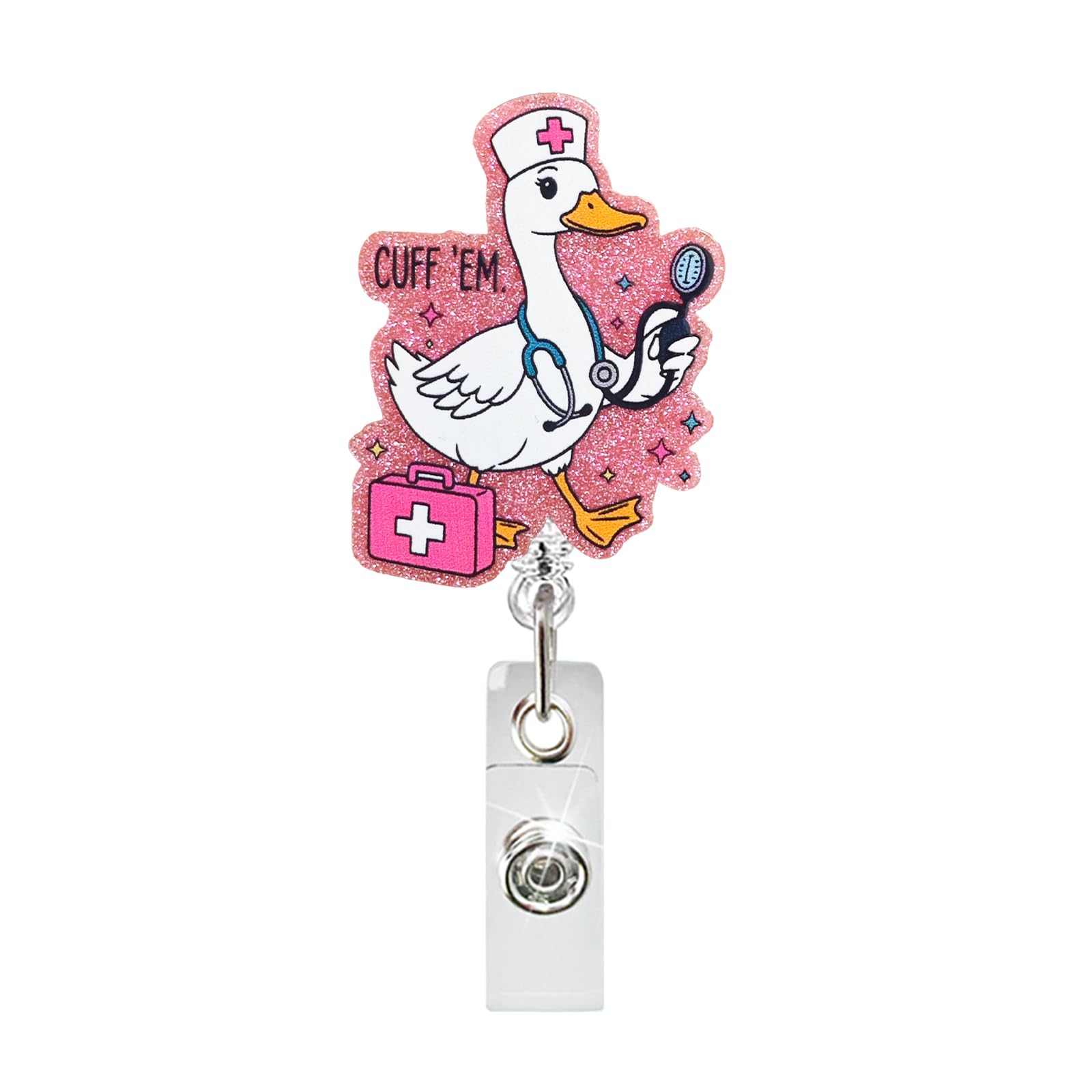ILIEMOC Funny Nurse Goose Badge Reel, Cute Cuff 'Em Retractable ID Badge Holder Clip with 360° Rotating Carabiner, Nurse RN LPN CNA MA Medical Student Accessories