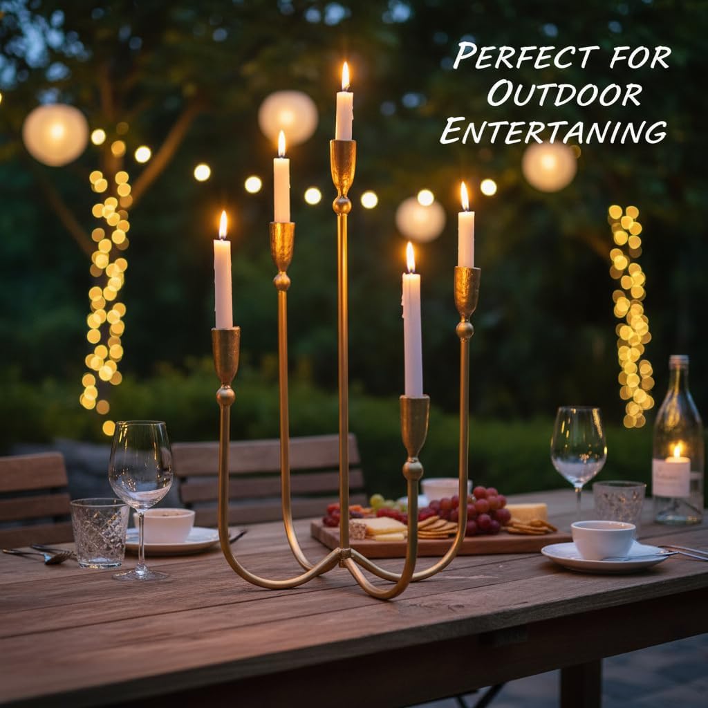 Candelabra for 5 Taper Candles – Hand-Forged Candle Holder with Elegant Vintage Finish – Decorative Centerpiece for Dining Room, Living Room or Mantel Decor（Brass Color-Ball）