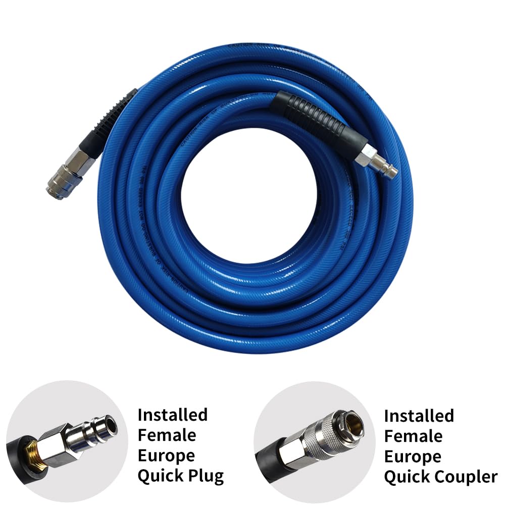 3/8" PVC Reinforced Air Compressor Hose Blue with 1/4" Europe Steel Quick Coupler and Plug Fittings, 15m Length - Image 2