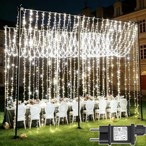 Joycome 2 Pezzi Tenda Luminosa Esterno, 6x3m 600 LED Cascata Luci con Spina, 8 Modalità Luci a Tenda per Esterno, Impermeabile Catene Luminose per Finestra Giardino Balcone Soffitto - Bianco
