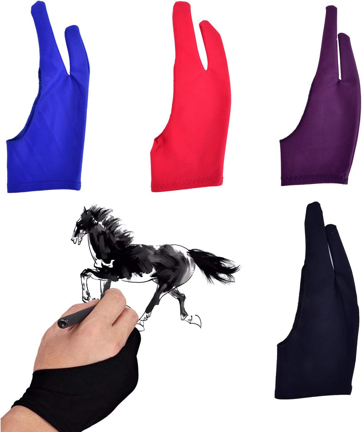 Artist Drawing Tablet Gloves Two Finger Graphics Painting Glove Free Size Creative Both Right and Left Hand 4 Pack Black Blue Red Purple M