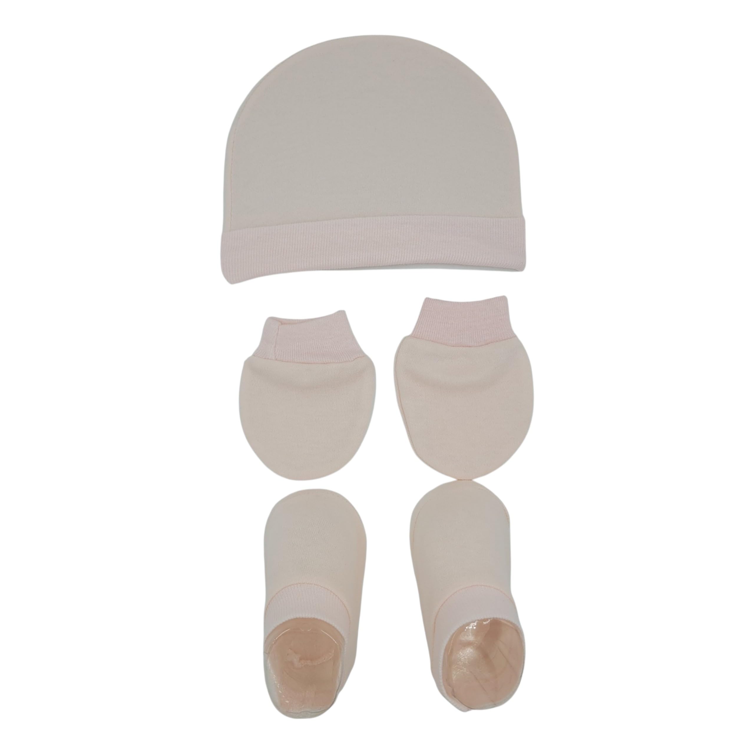 Baby Cap,Mittens and Bootie Combo Set For Infant 0 to 6 Months (Cream,Baby Pink)-MB16-image-0