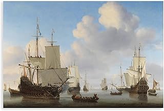 Vintage Sailboat Nautical Marine Art Print, Dutch Ships in A Calm Sea Dutch Golden Age Masterpiece, Classic Seascape Wall Decor Canvas PosterUnframe-style20x30inch(50x75cm)