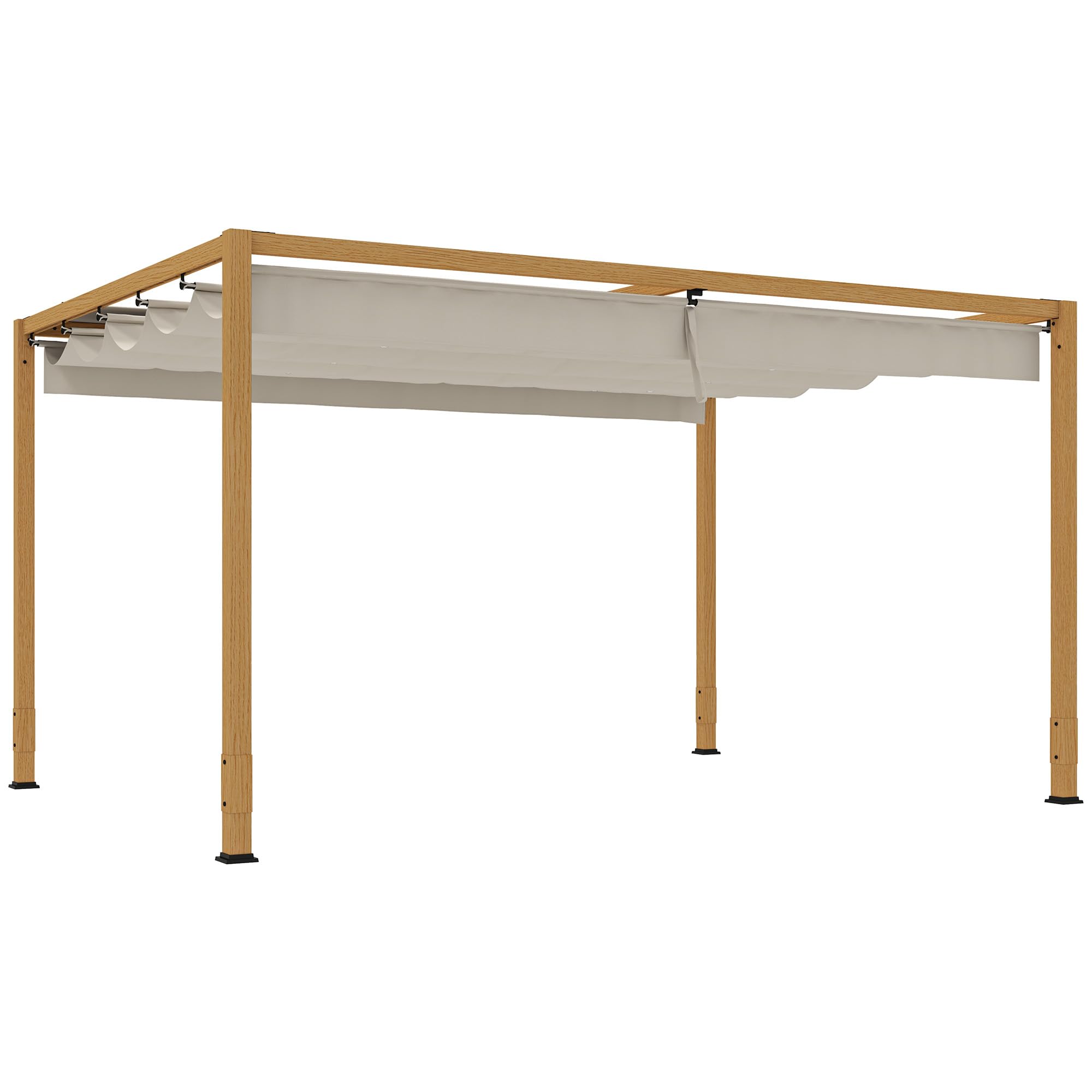 Outsunny Pergola pérgola de Aluminio jardín Exterior 4 x 3 m con Techo retráctil, Sistema de Drenaje, cenador de jardín Refugio Solar para terraza Patio Veranda, Madera Natural