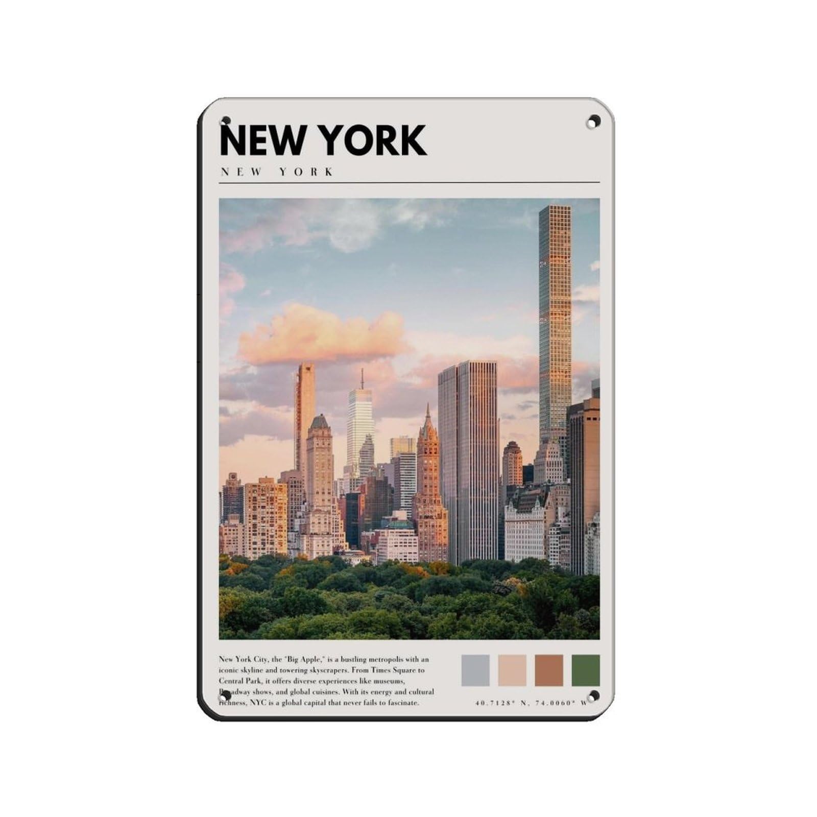 New York Manhattan Art NYC Cityscape Poster Tin Sign Vintage Metal Pub Club Cafe Bar Home Wall Art Decoration Poster Retro 8x12inch(20x30cm)