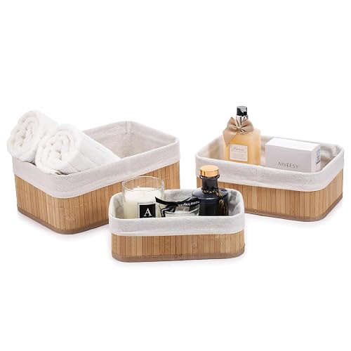 Lifelong Multi-Purpose Organizer | Bamboo Storage Baskets for Bathroom, Makeup, Kitchen & Countertop | Elegant Water-Resistant Tray for Toiletries & Accessories (Set of 3)