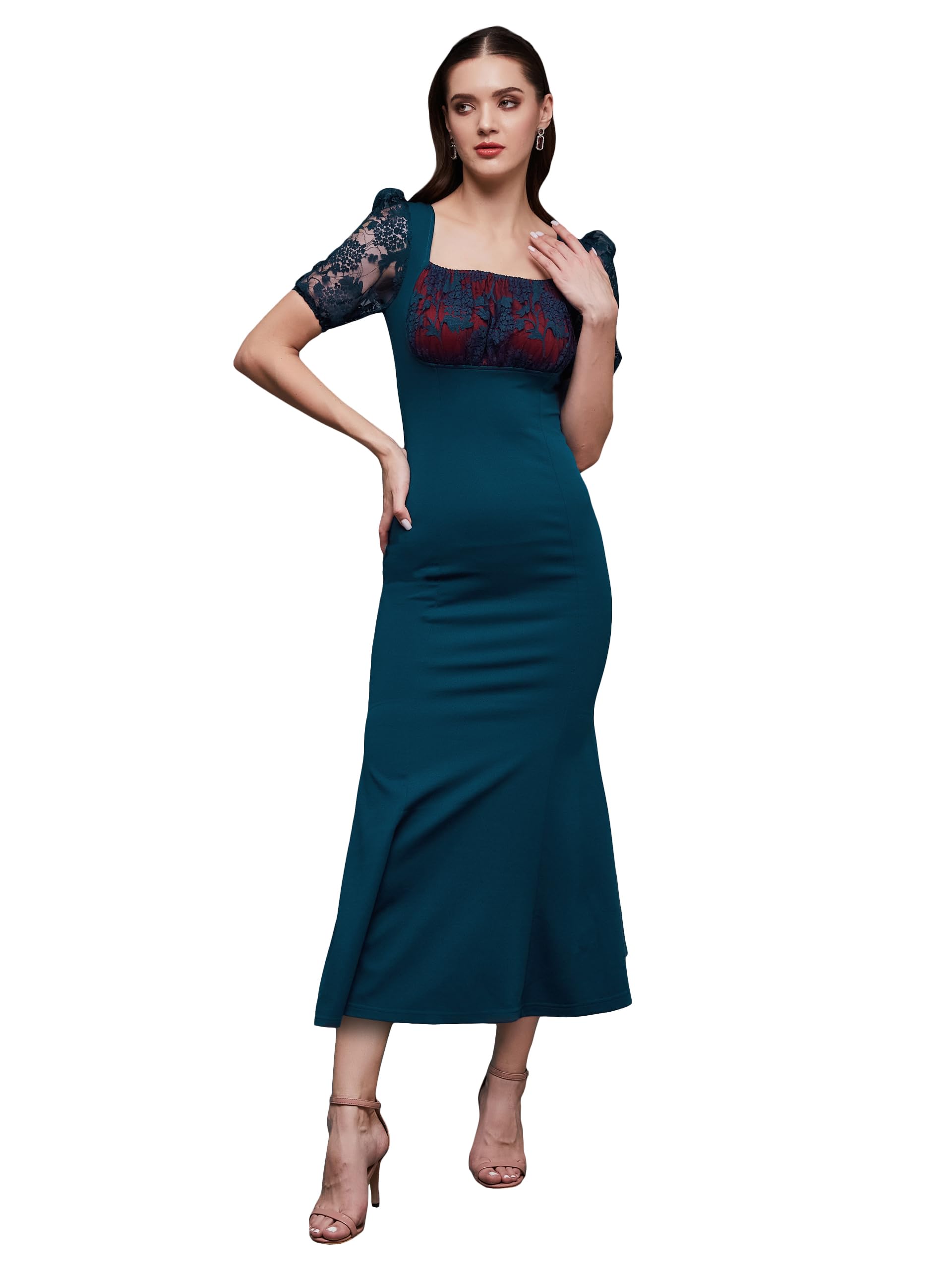 Miss Chase Women's Square Neck Short Puff Sleeve Self Design Lace Overlaid Bodycon Maxi Dress (Mcss23D79-01-83-06, Teal, Xl)