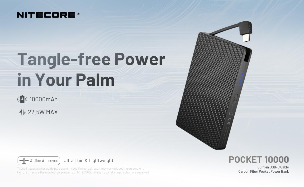 Nitecore Pocket 10000 Power Bank, 10000mAh Dual USB-C Ports for Phones, Flashlights, and Headlamps with Built-in USB-C Cable