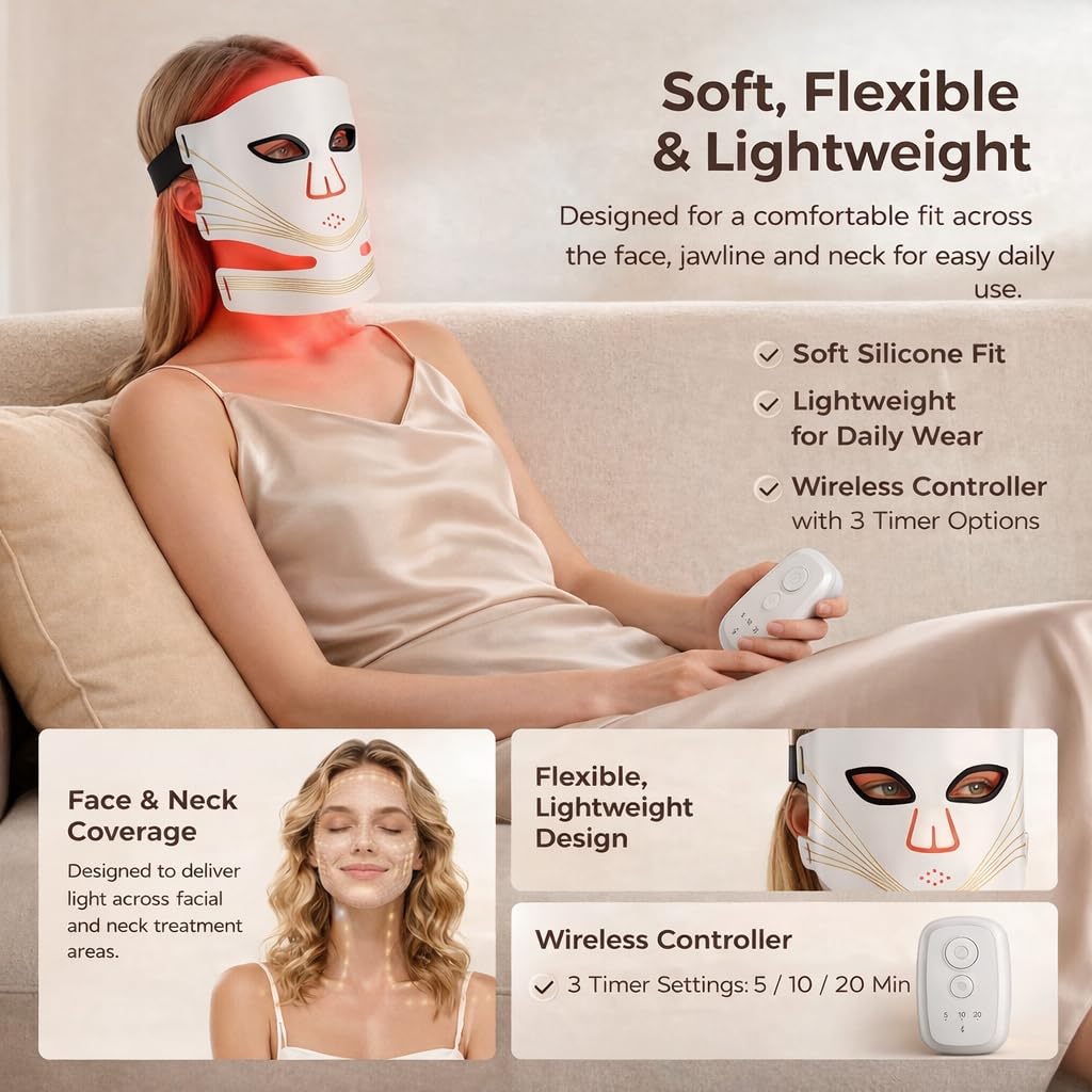 Red Light Therapy Face and Neck Mask, 4 Light Modes, Rechargeable Soft Silicone LED Mask for At-Home Skincare Routine