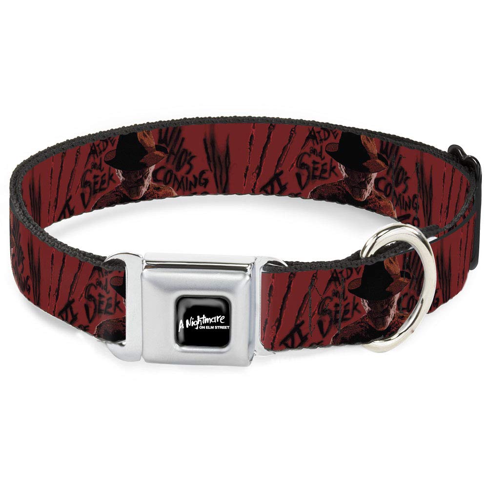 Buckle-Down Dog Collar Seatbelt Buckle Freddy Poses Quote Scrawls Hand Scratching Reds Black, 1" Wide - Fits 11-17" Neck - Medium, DC-SB-ELMA-WELM006-