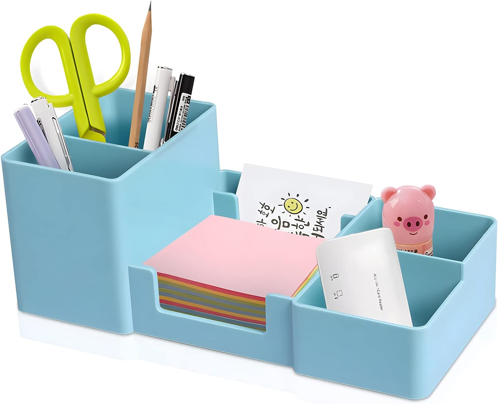 Desk Organizer, Office Supplies Caddy Pencil Holder for Desk, Desktop Organizer with Pen Holder, Sticky Note Holder, Paperclip Holder, Desk Accessories and Workspace Organizers, 6 Compartments, Blue