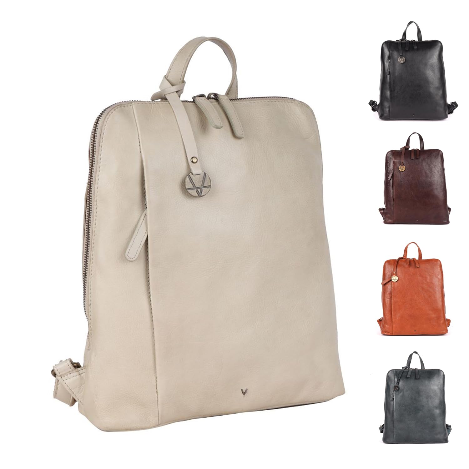 VILENCA HOLLAND 14.5 Inch Genuine Leather Backpack for Women and Men, Beige Leather Backpack with Adjustable Shoulder Strap