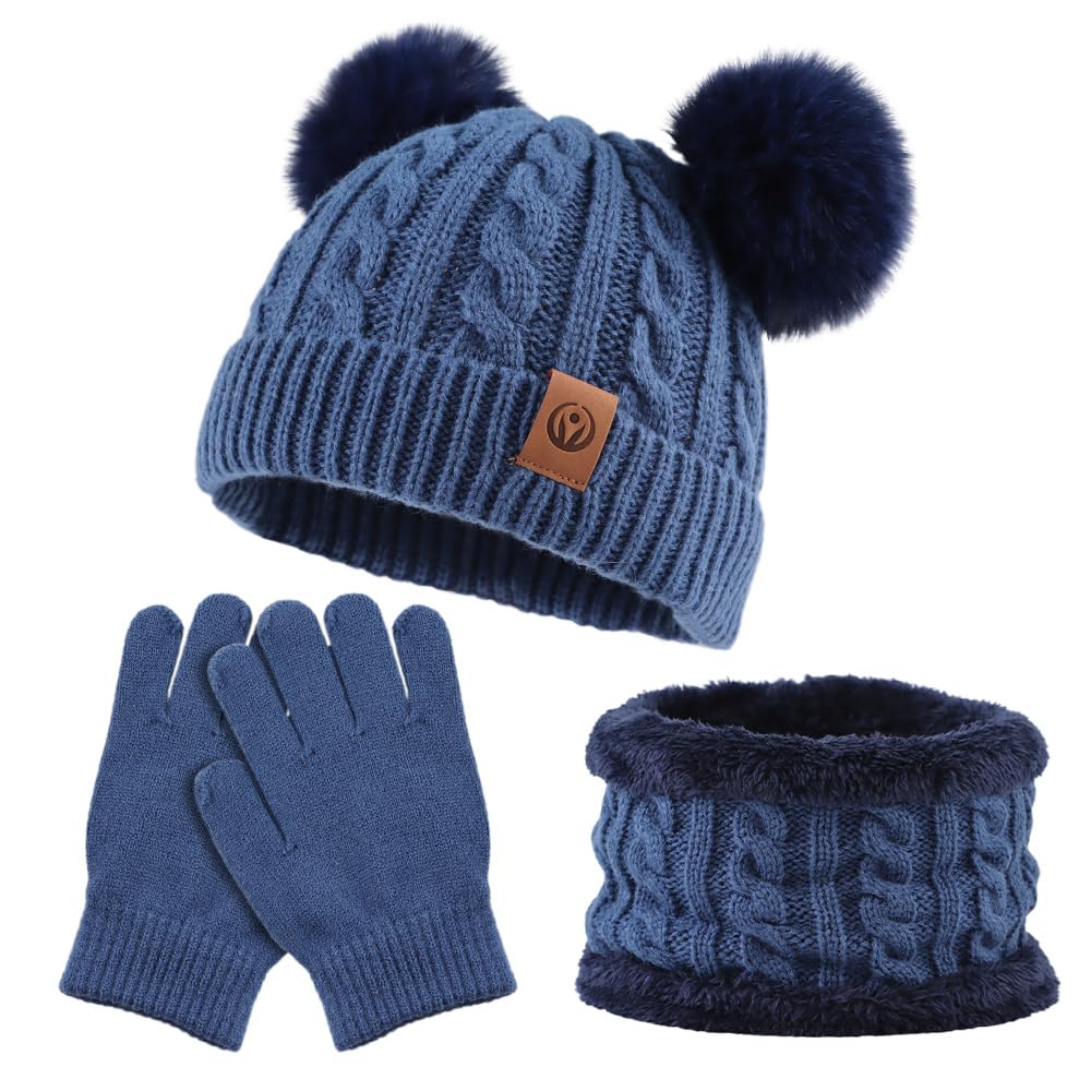 Yuoahcn Kids Winter Beanie Hat Scarf Gloves Set Knit Warm Toddler Winter Cap Gloves Neck Warmer for Boys Girls 1-8 Year