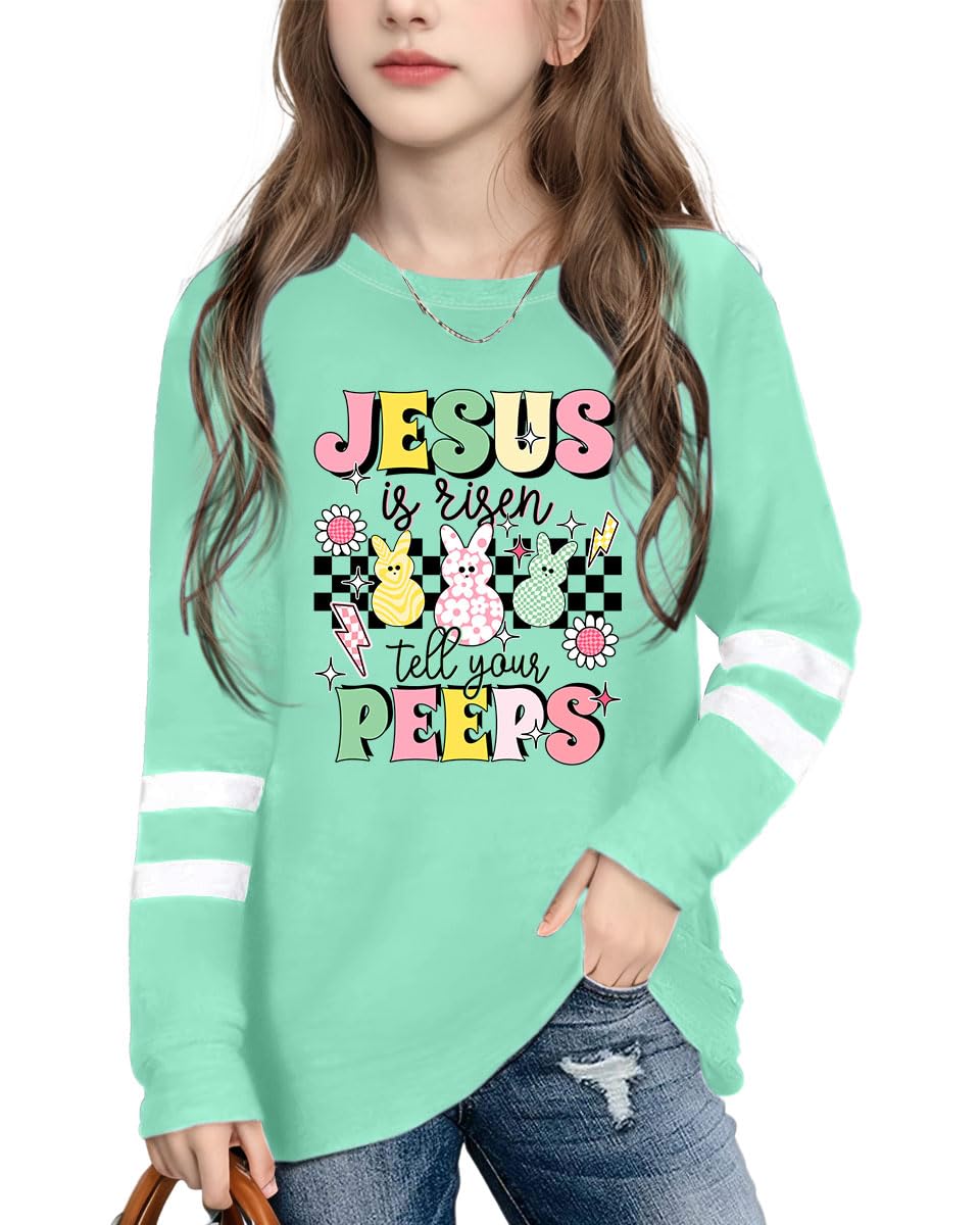 LAZYCHILD Kids Easter Shirt Girls Happy Easter Shirts Rabbit Graphic Long Sleeve Striped Tee Tops 5-14 Years