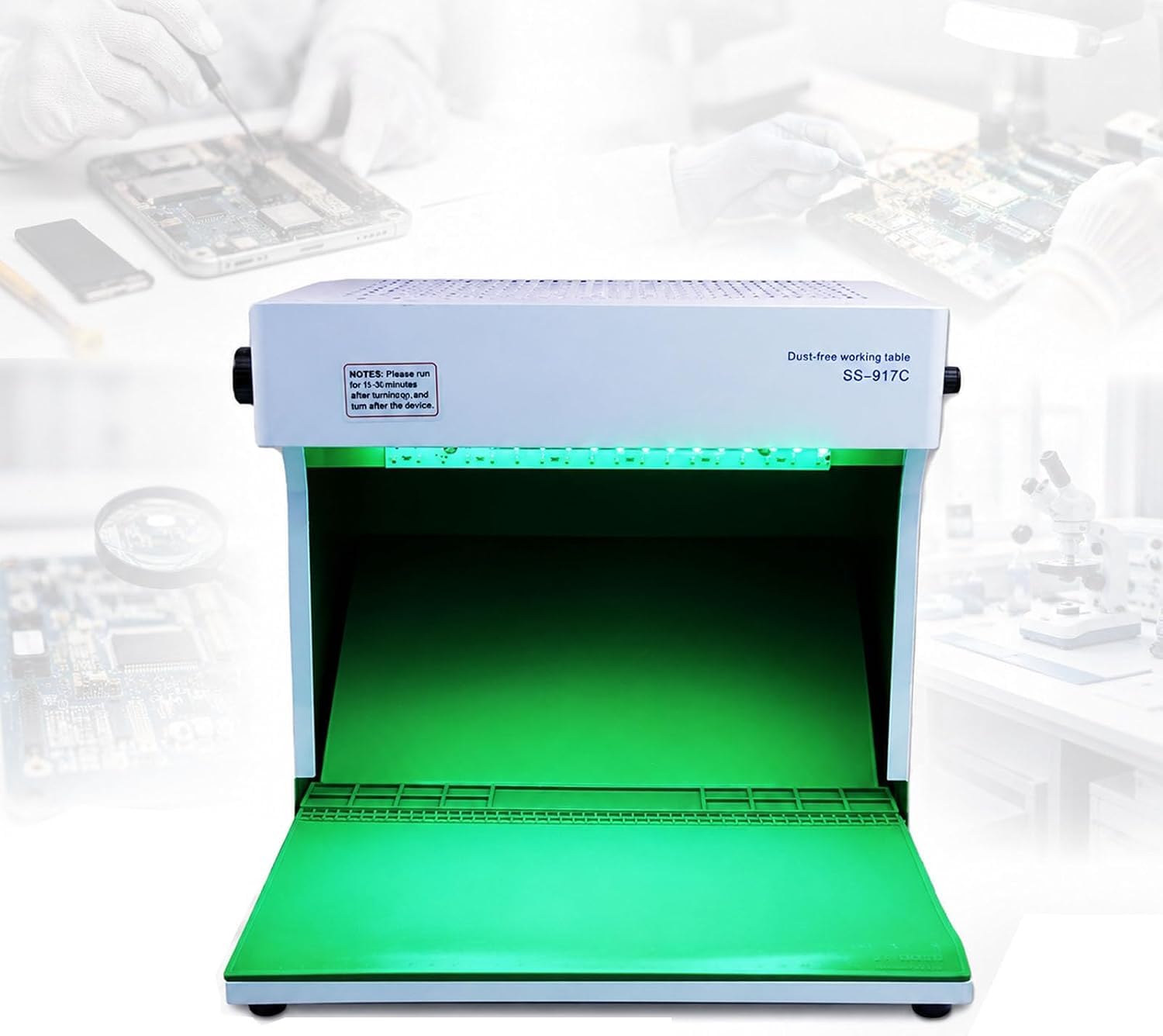 Mini Poste de Travail à Flux laminaire, avec Deux Ventilateurs et éclairage LED réglable, 34,3 x 23 cm, la réparation décrans LCD de téléphoneslaboratoire