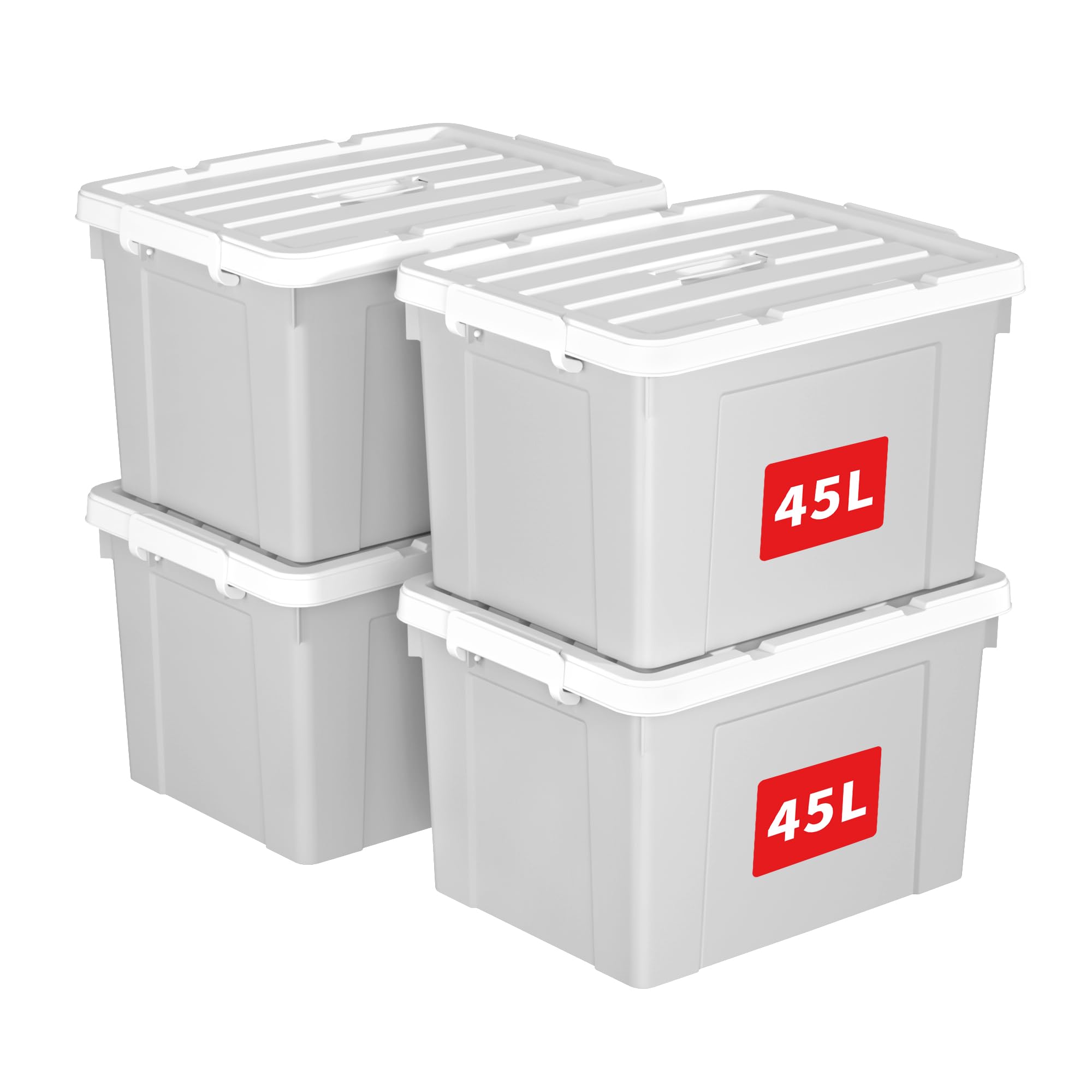 Cetomo 45L*4 Caja de Almacenamiento con Asa, Caja de Plástico con Tapa y Cierre Seguro, Contenedor de Almacenamiento Grande, Duradera, Apilable, Resistentes, Gris, Paquete de 4 de 45L