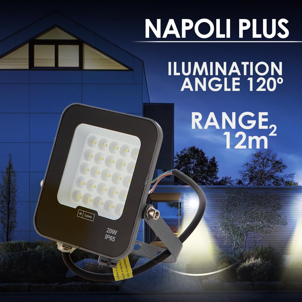 M Ledme - Foco Proyector Led Napoli Plus 20W, 2.400 lumen, IP65 Regulable, Color Luz fría (6000k), Iluminación exterior, De uso para jardín, patios, parking, hotel, naves etc.