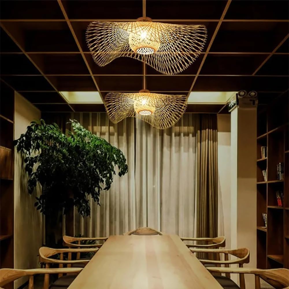 Lampa sufitowa z ręcznie tkanego bambusa – naturalny rattan, lampa wpuszczana w sufit, boho, rustykalna, do przedpokoju i salonu