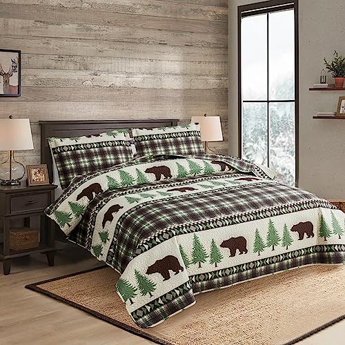 Junsey Cabin Bear Quilts Set Full/Queen Size, Lightweight Plaid Bedspread Coverlet Rustic Lodge Bedding Forest Tree Bed Sheet With Pillowshams (Beige Brown, Full/Queen) #TOP2