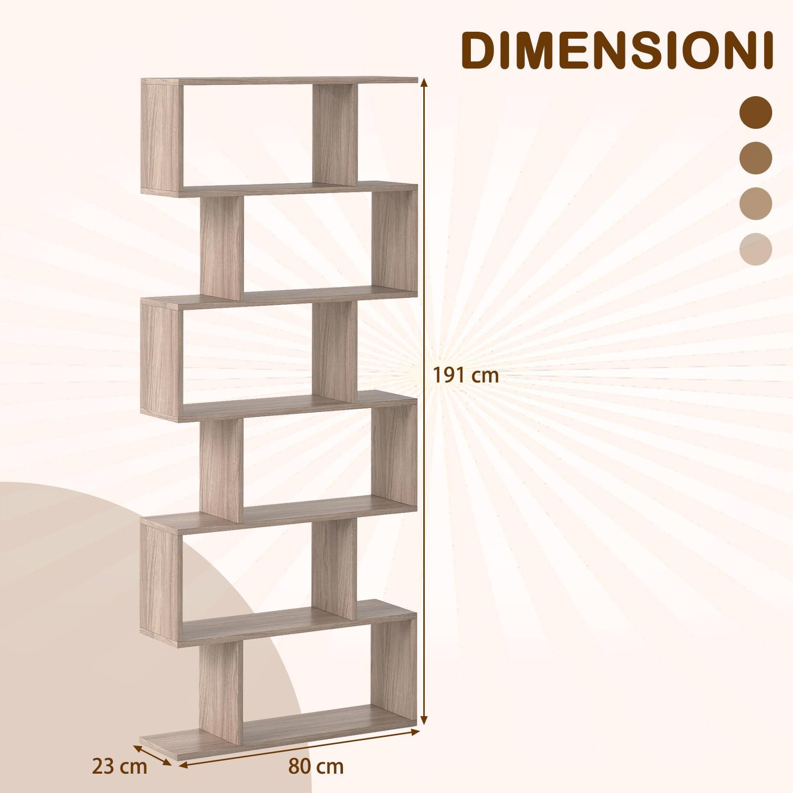 COSTWAY Scaffale a 6 Ripiani, Libreria a Forma di S, Libreria Scaffale da Terra in Legno, Divisorio per Soggiorno, Camera da Letto, Ufficio, 80 x 23 x 192 cm (Quercia)