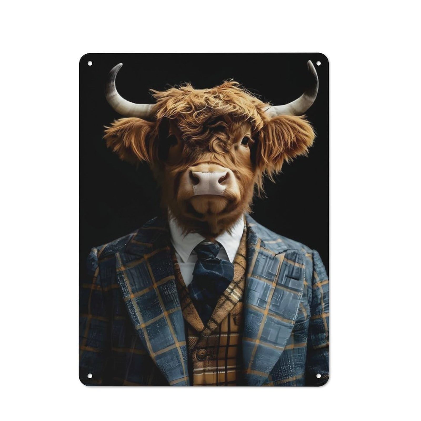 Junmoney Style-17 Highland Cow In Suit Casual Metal Wall Decor 40X30cm, Rustic Tin Sign For Patio Bar, Workshop, Shed Or Kitchen